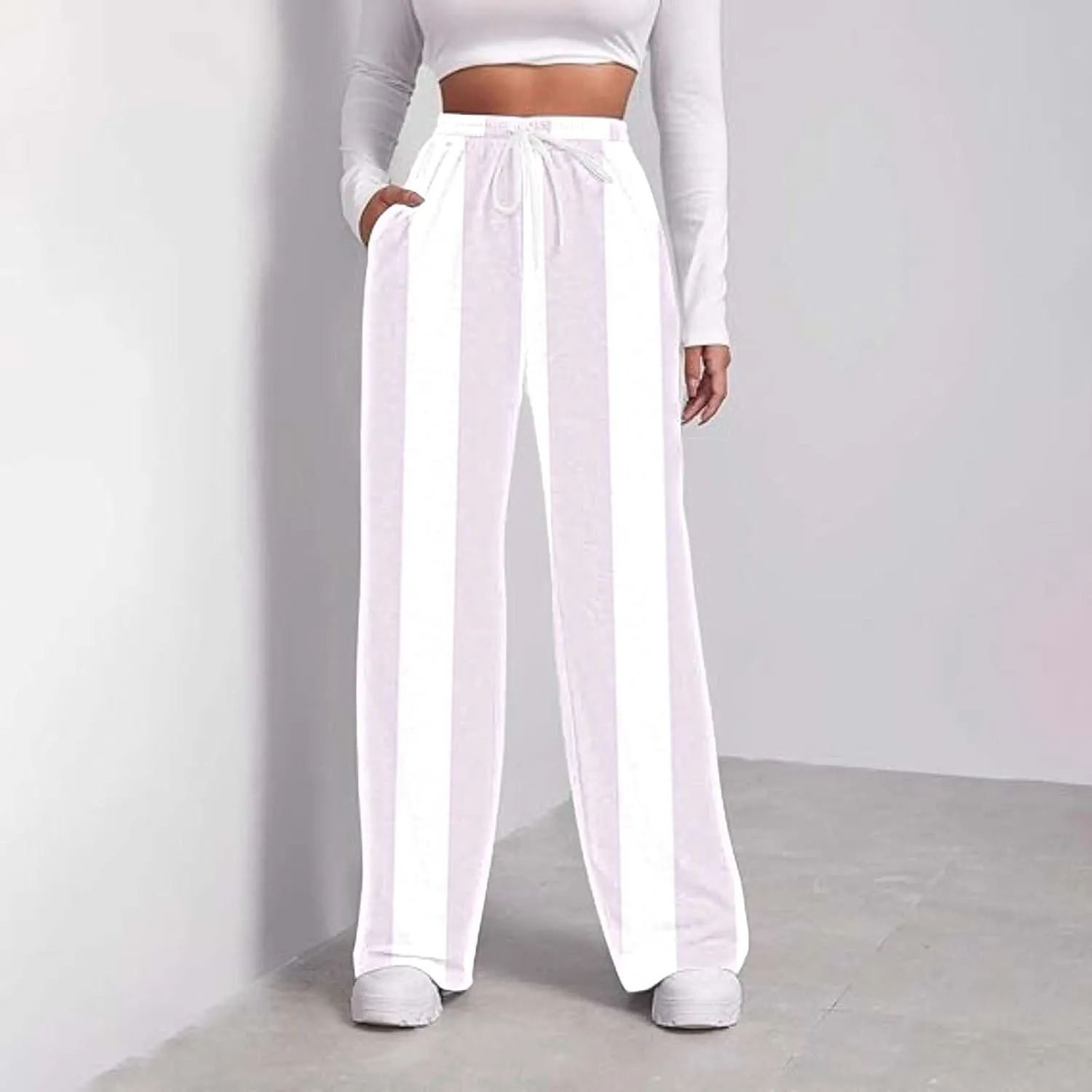 High Waisted Color Block Straight Leg Pants Printed Drawstring Baggy Trousers with Pockets Elastic Waisted Pants Women