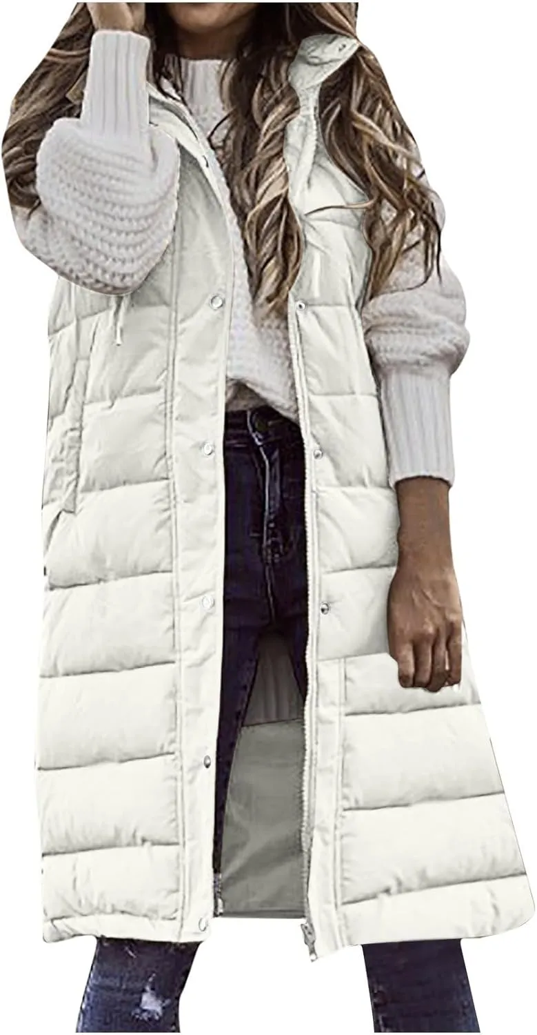 hlysgo Womens Quilted Puffer Vest Maxi Length Sleeveless Hooded Packable Winter Warm Thickened Down Jacket