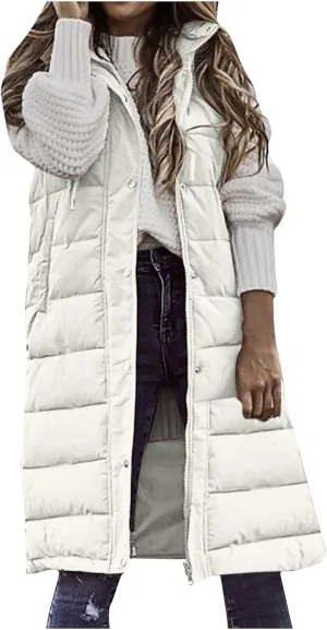 hlysgo Womens Quilted Puffer Vest Maxi Length Sleeveless Hooded Packable Winter Warm Thickened Down Jacket
