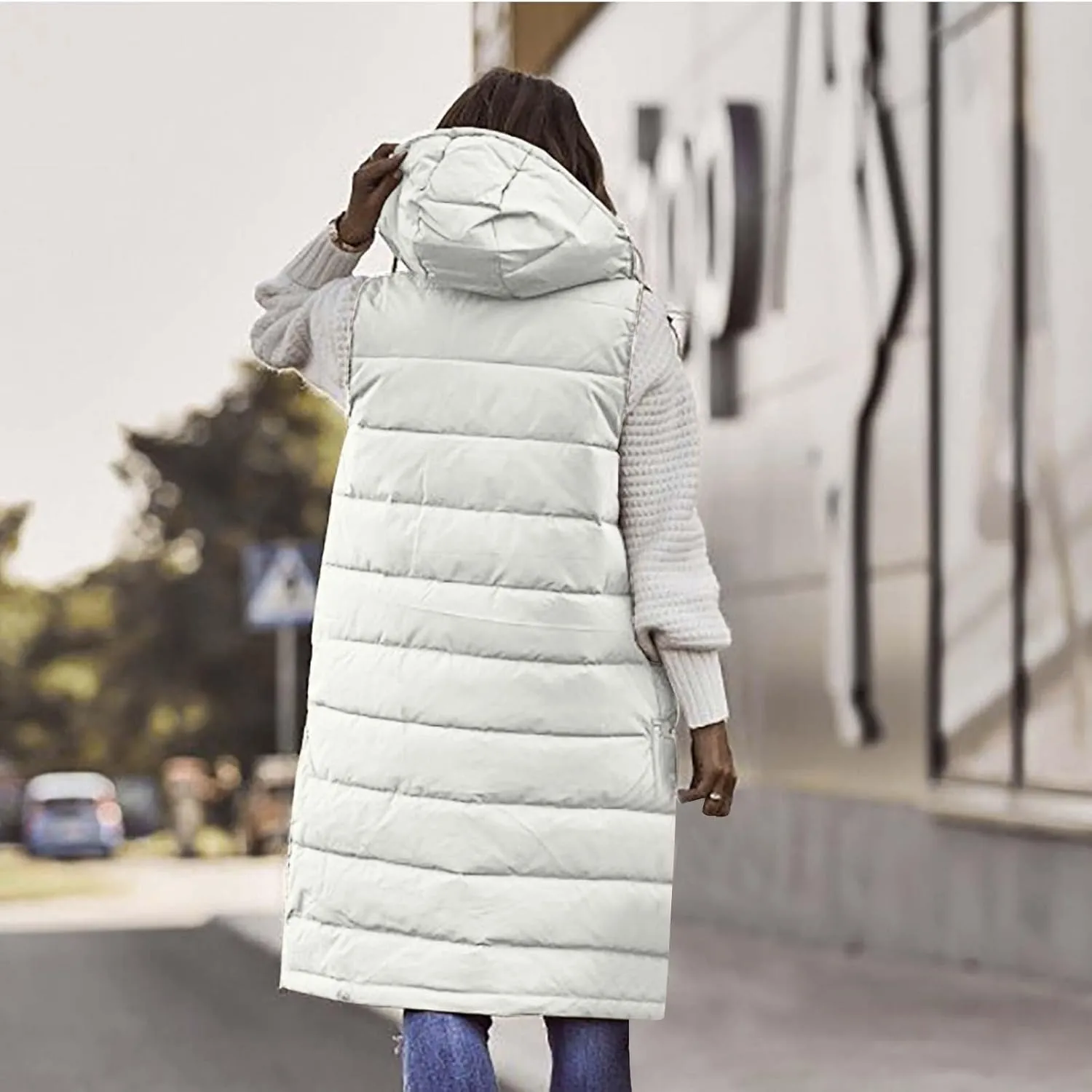 hlysgo Womens Quilted Puffer Vest Maxi Length Sleeveless Hooded Packable Winter Warm Thickened Down Jacket