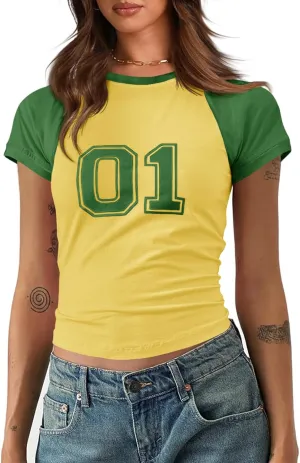 Imily Bela Womens Graphic T Shirt Y2k Baby Tees Summer Letter Print Casual Short Sleeve Slim Fit Crop Tops