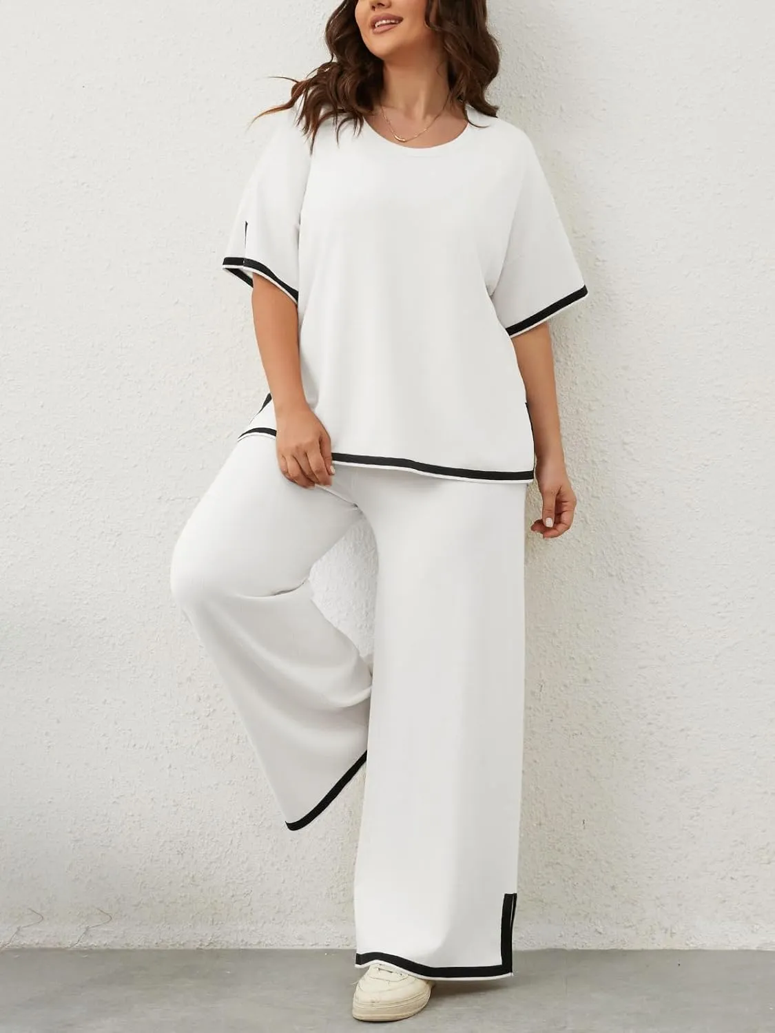 Imily Bela Womens Plus Size Lounge Sets 2 Piece Outfits Short Sleeve Pullover Tops Wide Leg Pants Summer Travel Outfits