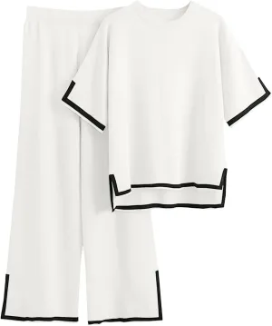 Imily Bela Womens Plus Size Lounge Sets 2 Piece Outfits Short Sleeve Pullover Tops Wide Leg Pants Summer Travel Outfits