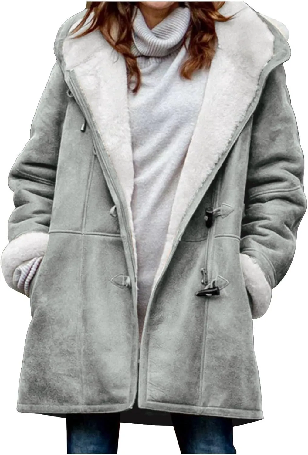 Jackets for Women 2024 Warm Sherpa Fleece Lined Distressed Jackets Hooded Parka Faux Suede Pea Coat Outerwear