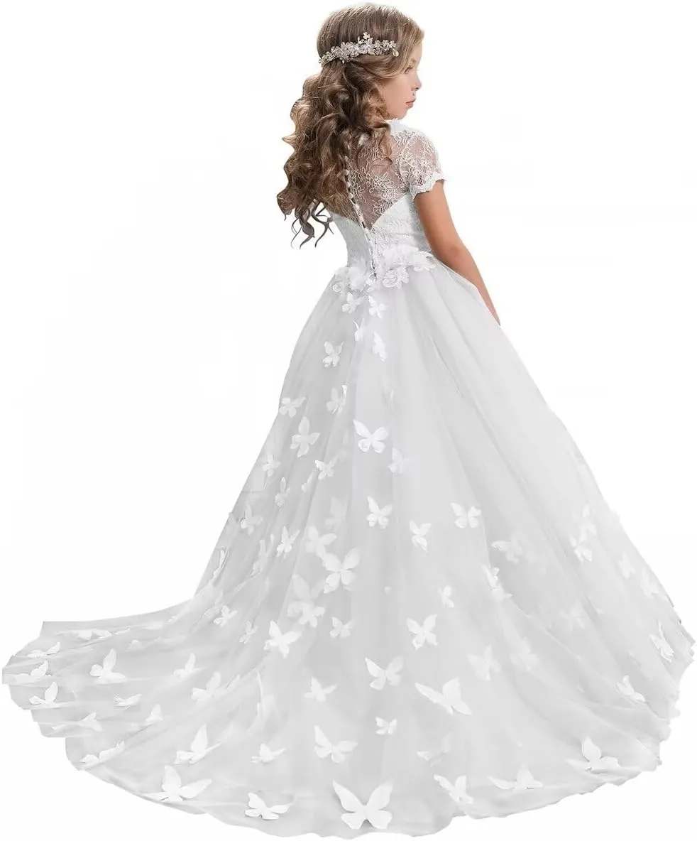 JISISANG Flower Girls Lace Tulle Ball Gowns with Bow-Knot First Communion Dresses Tutu Pageant Dress for Wedding Princess