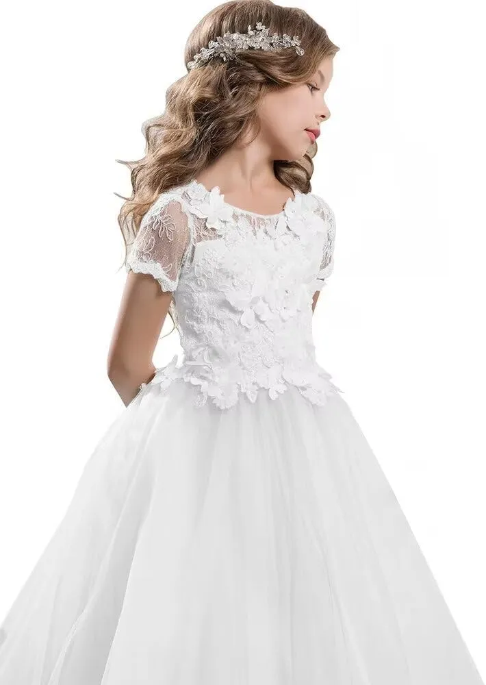 JISISANG Flower Girls Lace Tulle Ball Gowns with Bow-Knot First Communion Dresses Tutu Pageant Dress for Wedding Princess