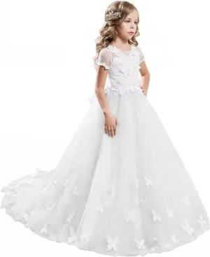 JISISANG Flower Girls Lace Tulle Ball Gowns with Bow-Knot First Communion Dresses Tutu Pageant Dress for Wedding Princess