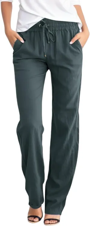JiXiang Linen Pants Women Straight Leg Summer Drawstring High Waisted Pant Casual Loose Wide Leg Comfy Trousers with Pocket