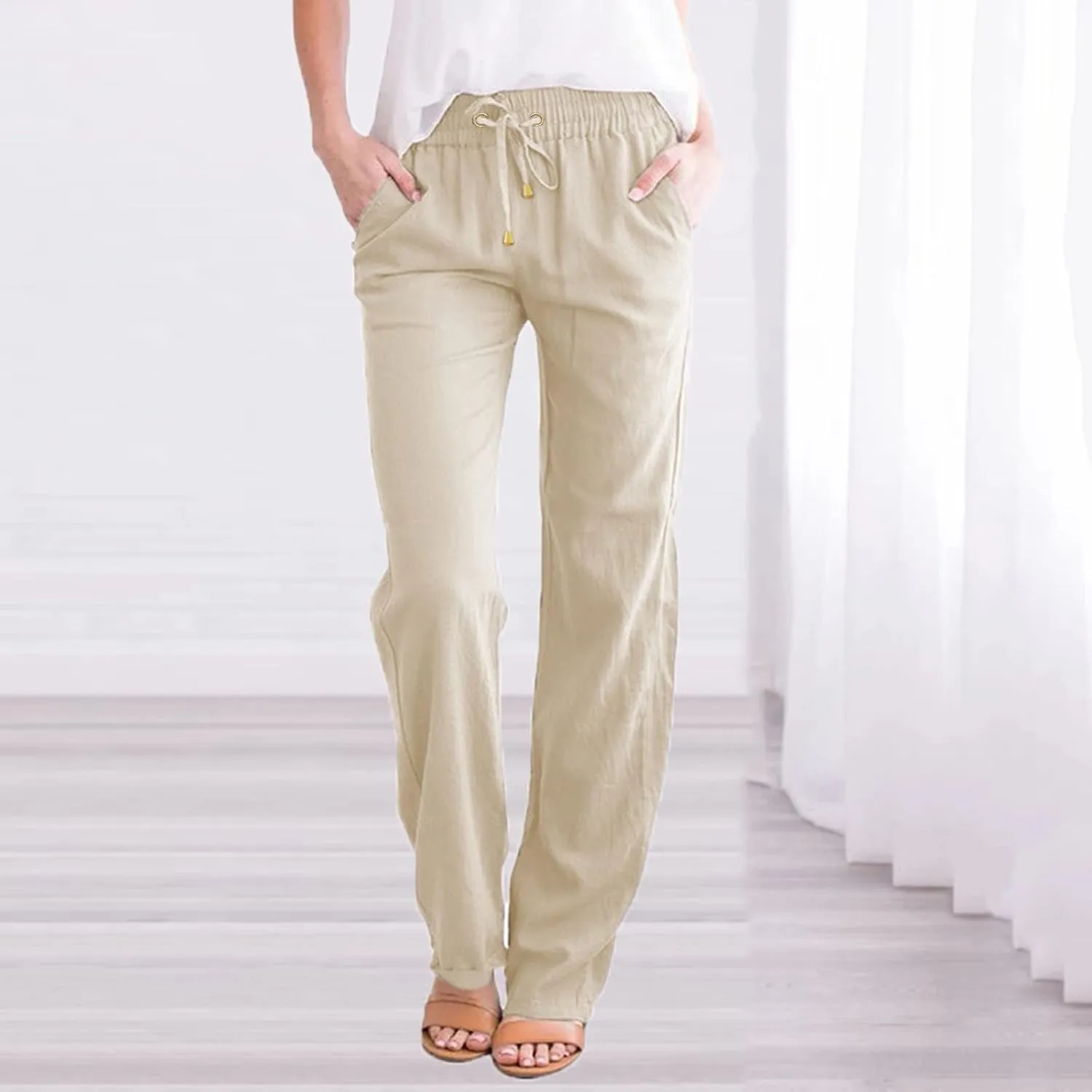 JiXiang Linen Pants Women Straight Leg Summer Drawstring High Waisted Pant Casual Loose Wide Leg Comfy Trousers with Pocket