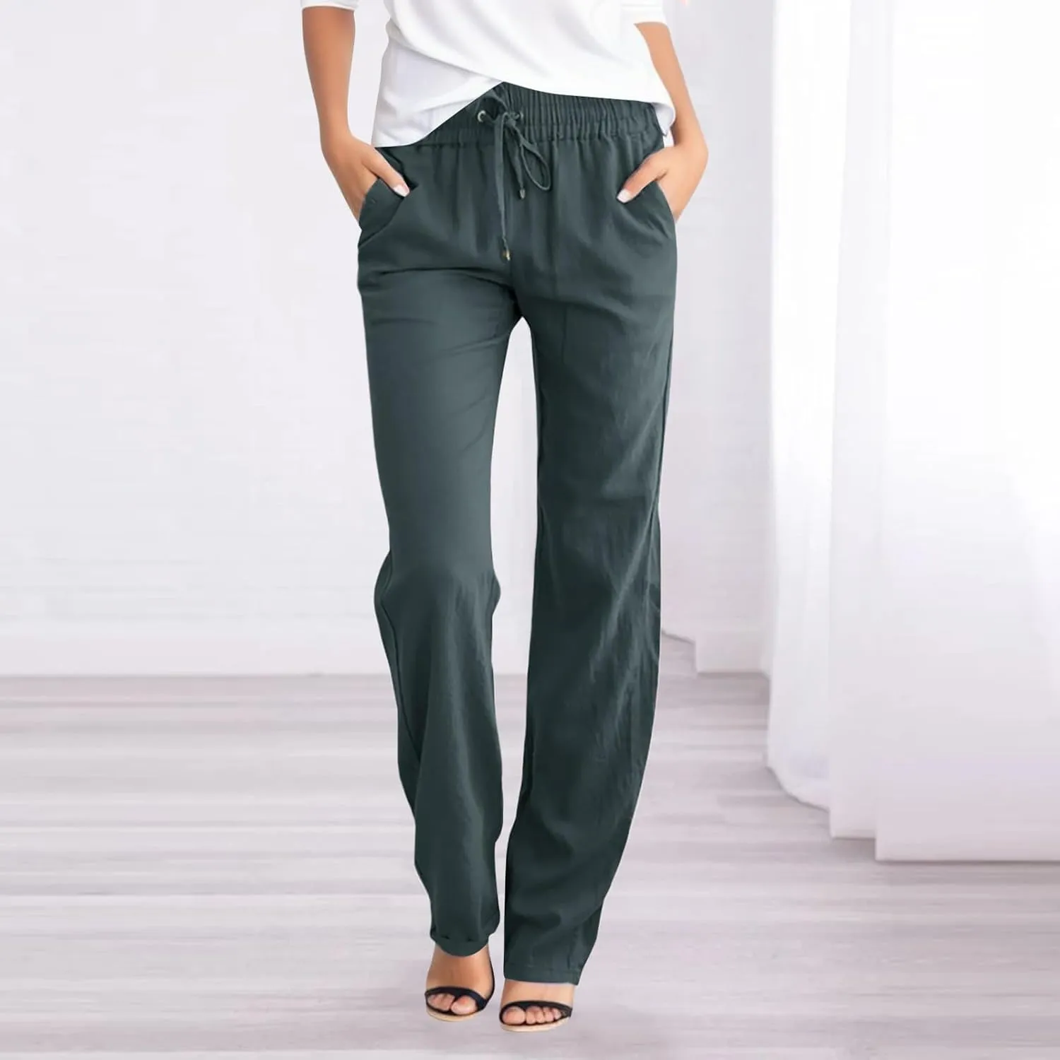 JiXiang Linen Pants Women Straight Leg Summer Drawstring High Waisted Pant Casual Loose Wide Leg Comfy Trousers with Pocket