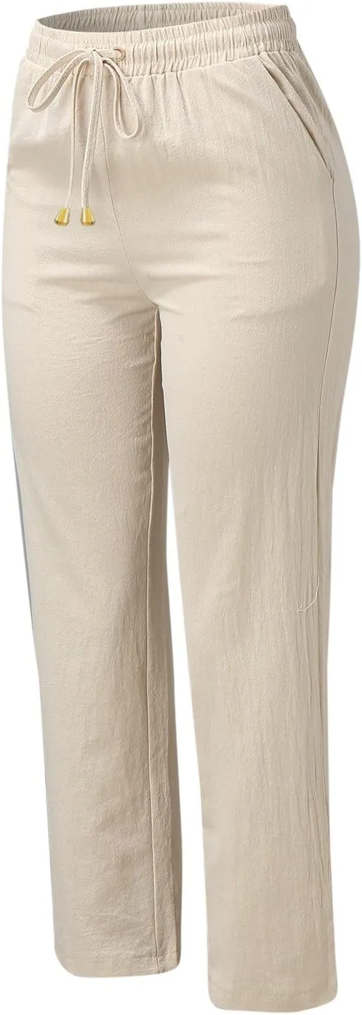 JiXiang Linen Pants Women Straight Leg Summer Drawstring High Waisted Pant Casual Loose Wide Leg Comfy Trousers with Pocket