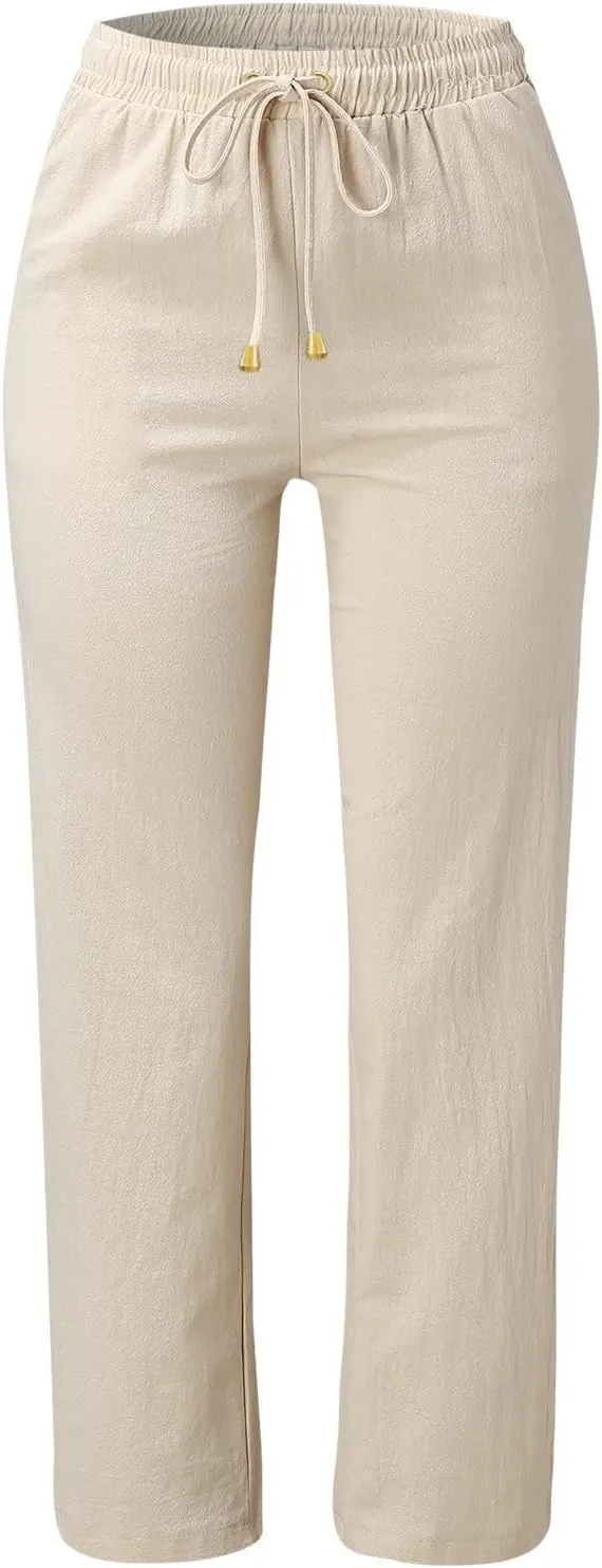 JiXiang Linen Pants Women Straight Leg Summer Drawstring High Waisted Pant Casual Loose Wide Leg Comfy Trousers with Pocket
