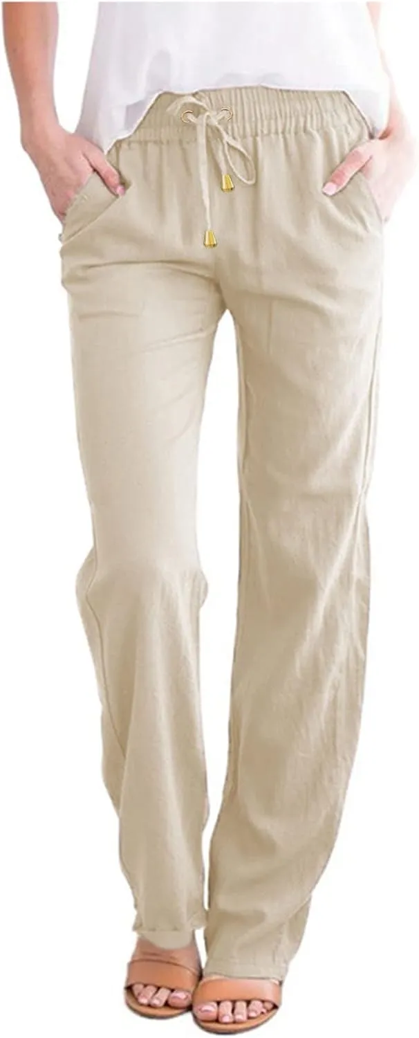JiXiang Linen Pants Women Straight Leg Summer Drawstring High Waisted Pant Casual Loose Wide Leg Comfy Trousers with Pocket