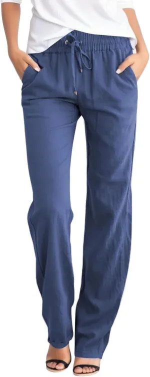 JiXiang Linen Pants Women Straight Leg Summer Drawstring High Waisted Pant Casual Loose Wide Leg Comfy Trousers with Pocket