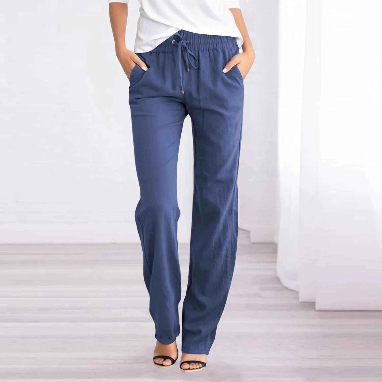 JiXiang Linen Pants Women Straight Leg Summer Drawstring High Waisted Pant Casual Loose Wide Leg Comfy Trousers with Pocket