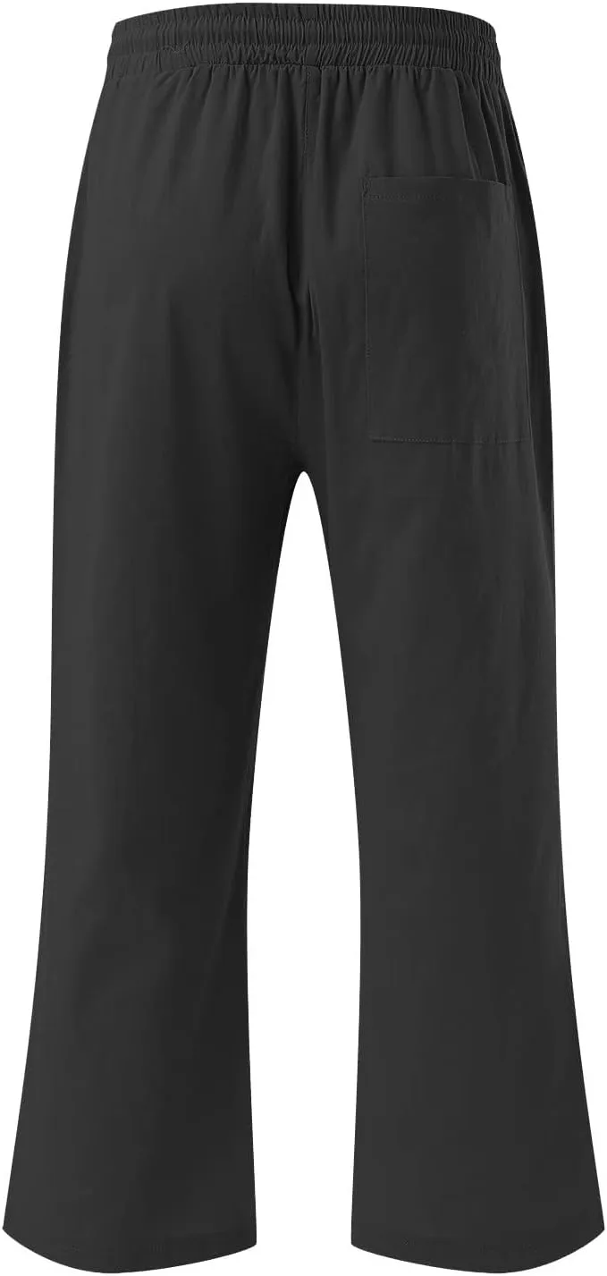 JOAU Summer Cotton Linen Cropped Wide Leg Pants, Women Casual Loose Drawstring Elastic Waist Capris Trousers with Pockets