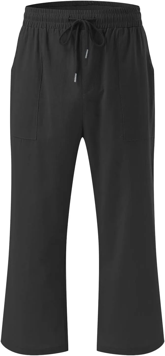 JOAU Summer Cotton Linen Cropped Wide Leg Pants, Women Casual Loose Drawstring Elastic Waist Capris Trousers with Pockets