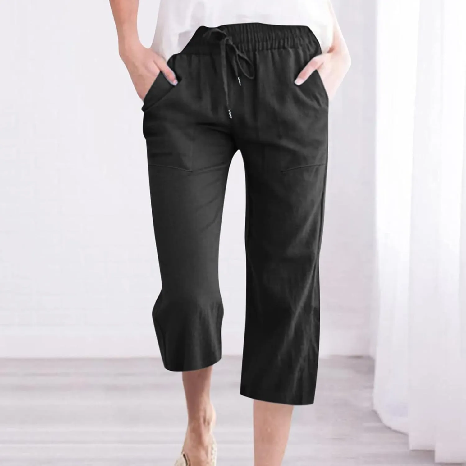 JOAU Summer Cotton Linen Cropped Wide Leg Pants, Women Casual Loose Drawstring Elastic Waist Capris Trousers with Pockets