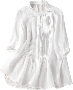 JOAU Summer Womens Short Sleeve Cotton Linen Shirts Casual Collared Button Down Shirt V Neck Pleated Tops Loose Blouses