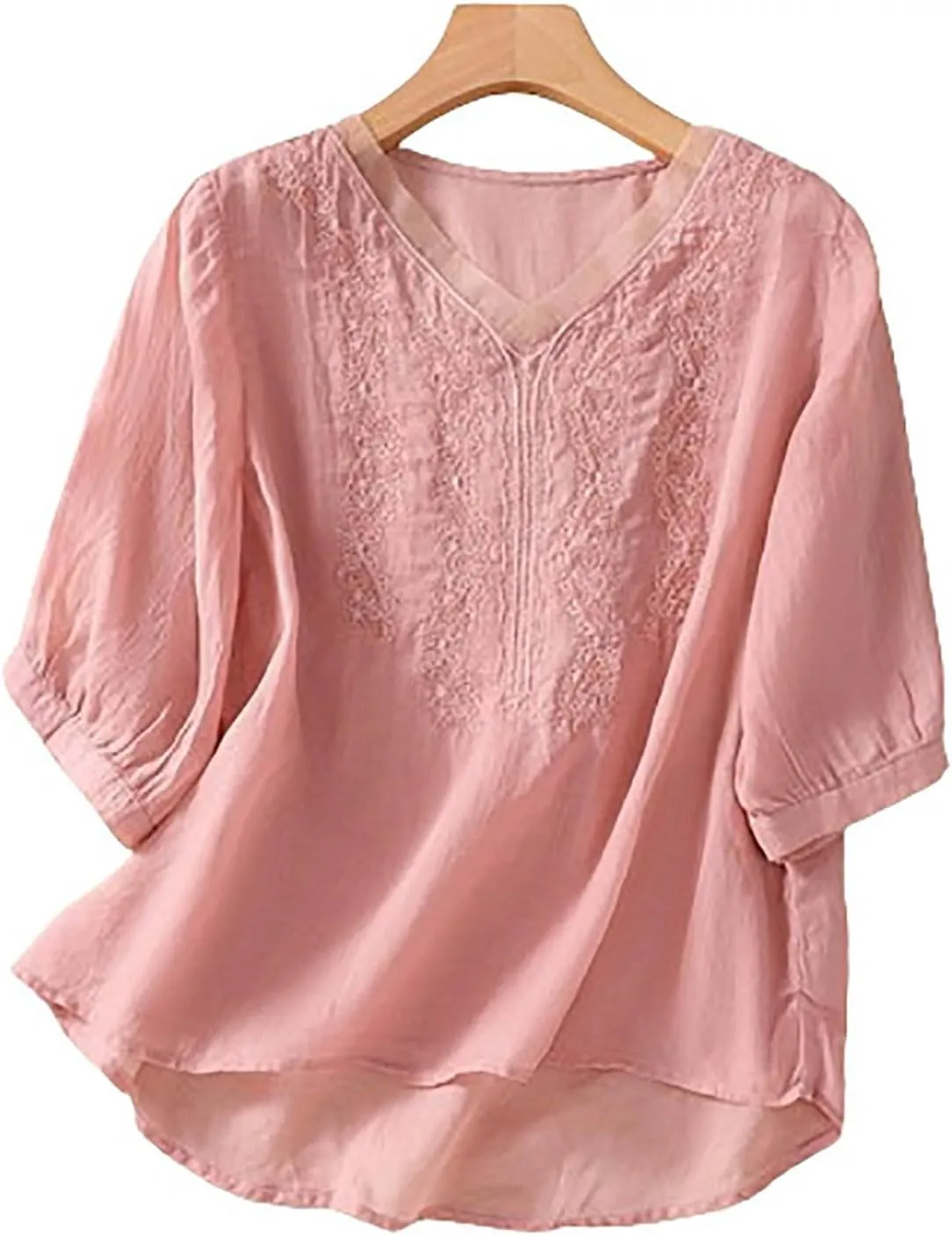 JOAU Women Cotton Linen Tunic Tops Puff Sleeve V Neck Embroidered Blouse Tee Summer Casual Peasant Boho Beach Shirts