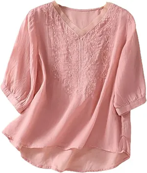 JOAU Women Cotton Linen Tunic Tops Puff Sleeve V Neck Embroidered Blouse Tee Summer Casual Peasant Boho Beach Shirts