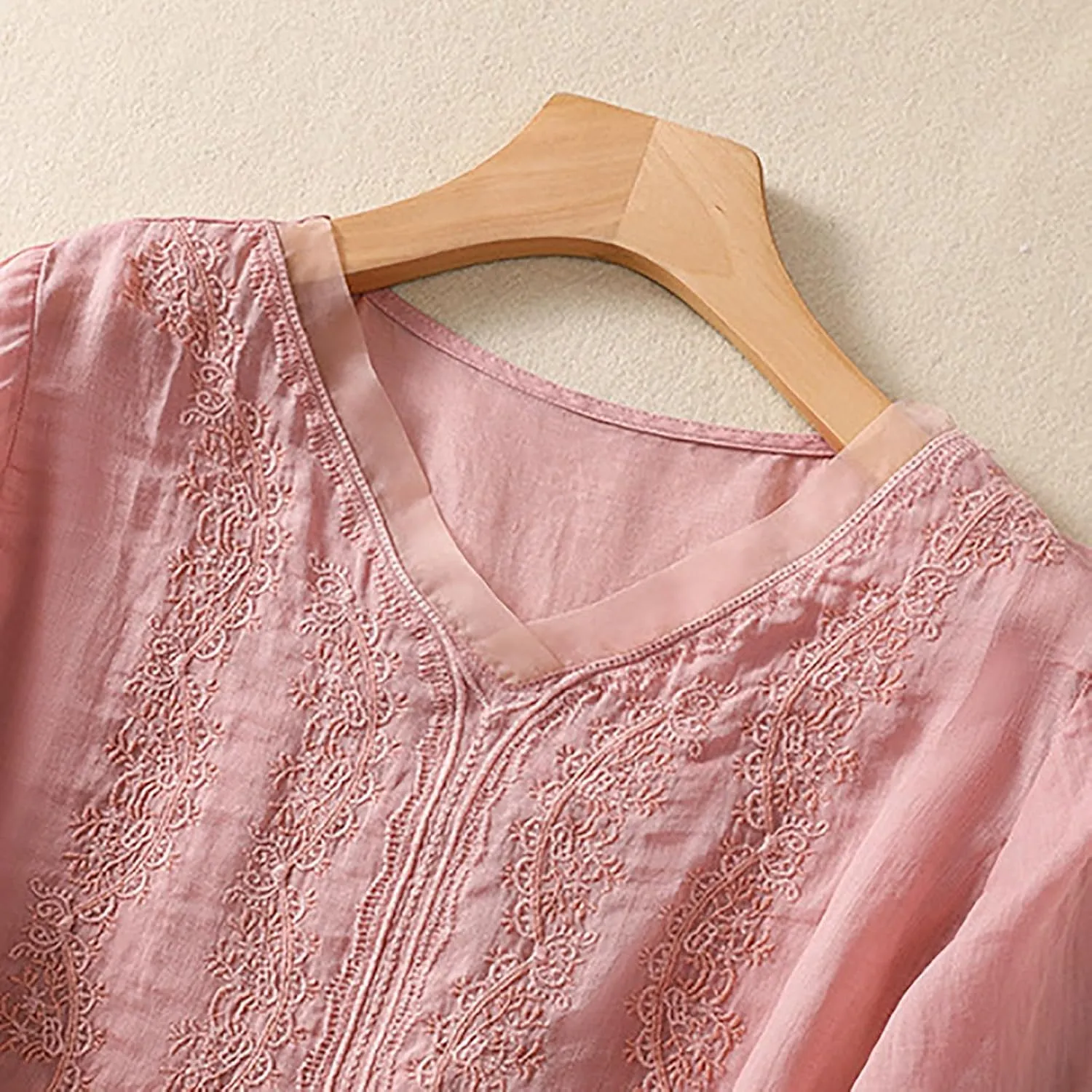 JOAU Women Cotton Linen Tunic Tops Puff Sleeve V Neck Embroidered Blouse Tee Summer Casual Peasant Boho Beach Shirts