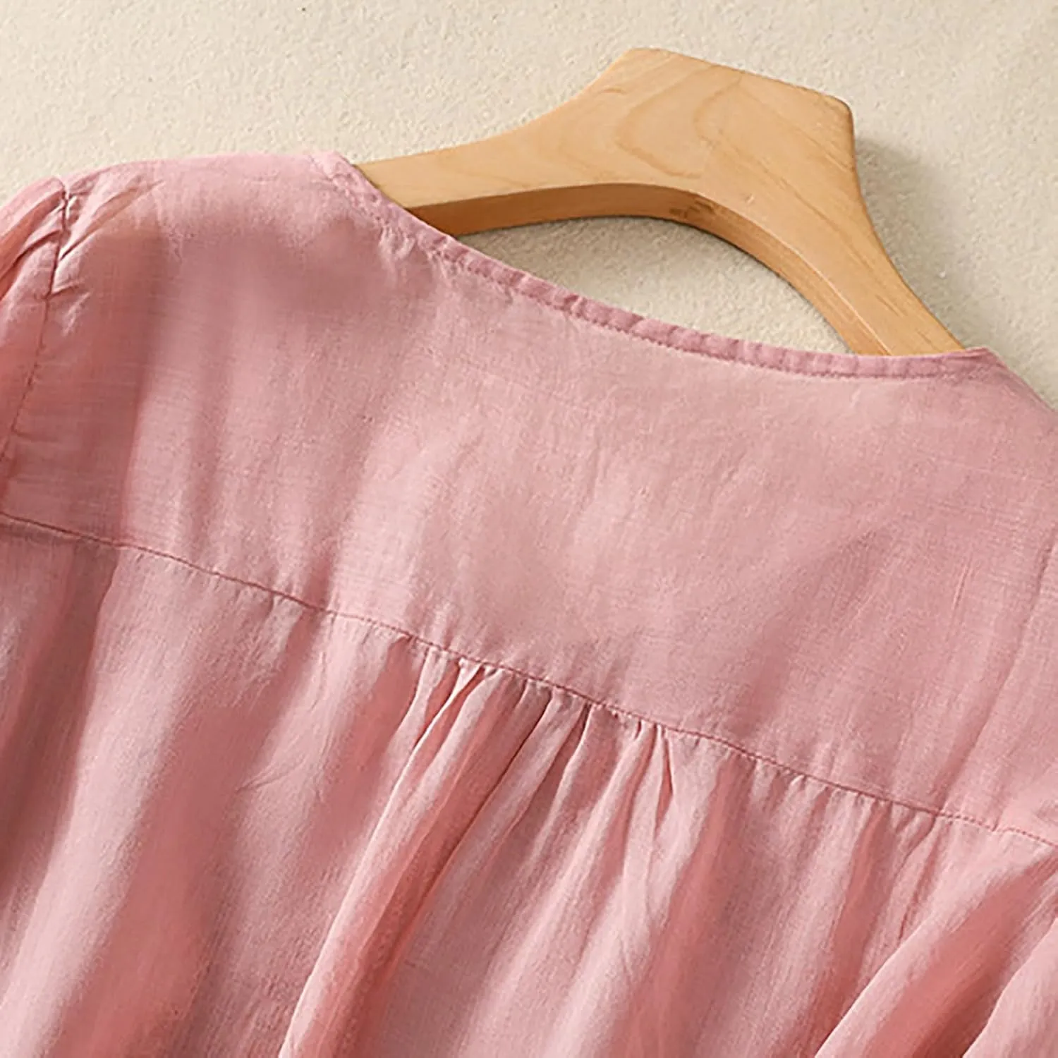 JOAU Women Cotton Linen Tunic Tops Puff Sleeve V Neck Embroidered Blouse Tee Summer Casual Peasant Boho Beach Shirts
