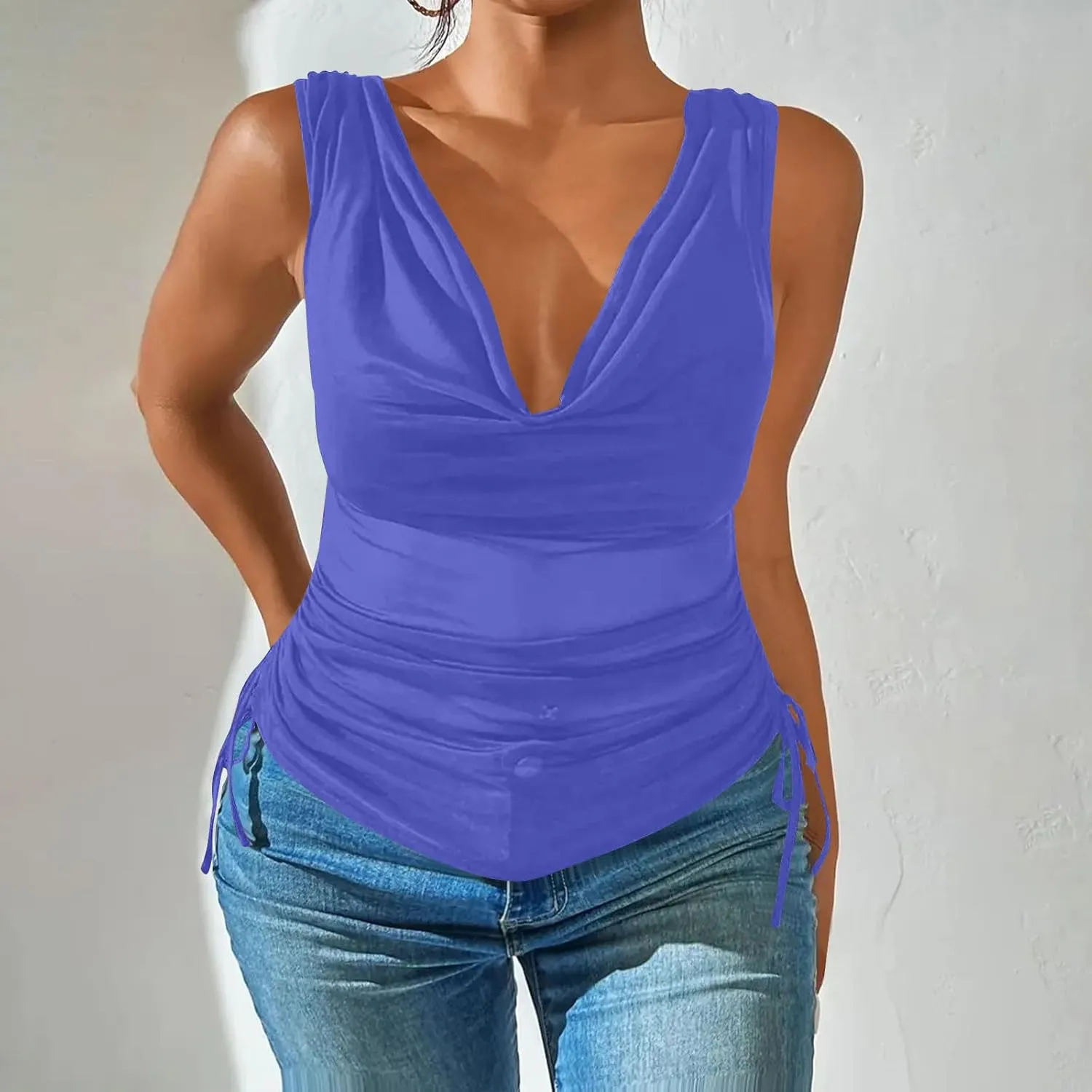 JOAU Women's Cowl Neck Tank Tops Summer Ruched Sleeveless Casual Shirts Drawstring Tie Side Shirring Tunic Blouse Plus Size