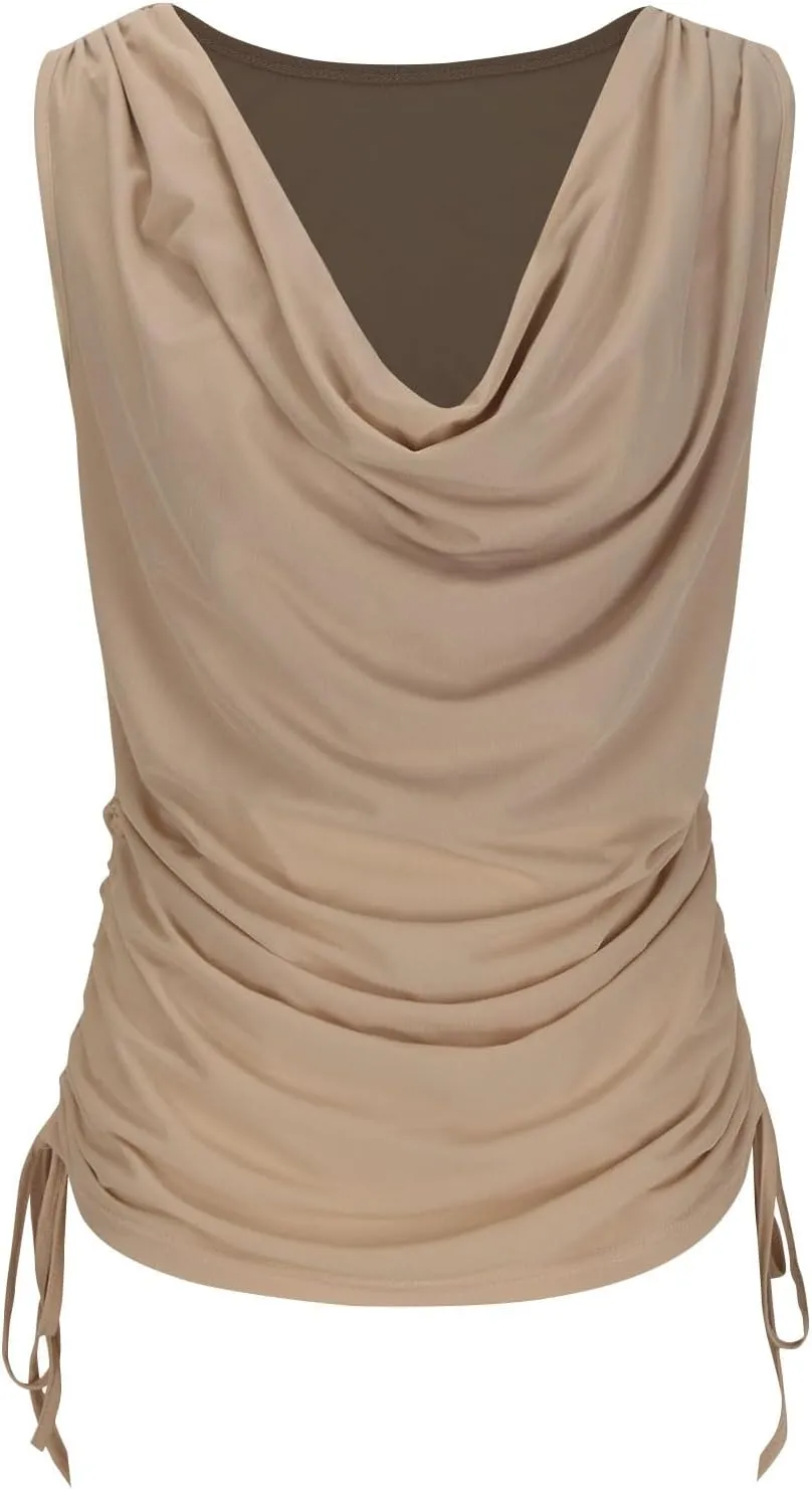 JOAU Women's Cowl Neck Tank Tops Summer Ruched Sleeveless Casual Shirts Drawstring Tie Side Shirring Tunic Blouse Plus Size