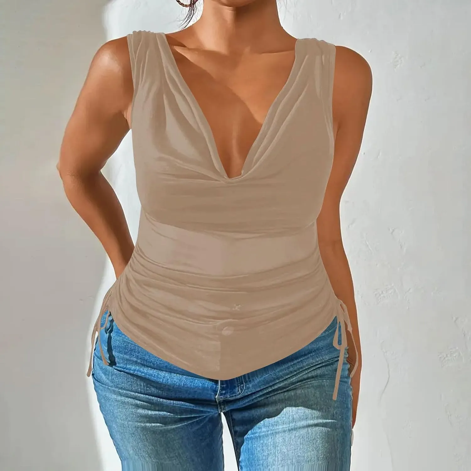 JOAU Women's Cowl Neck Tank Tops Summer Ruched Sleeveless Casual Shirts Drawstring Tie Side Shirring Tunic Blouse Plus Size