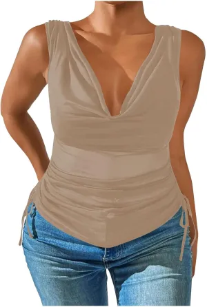 JOAU Women's Cowl Neck Tank Tops Summer Ruched Sleeveless Casual Shirts Drawstring Tie Side Shirring Tunic Blouse Plus Size