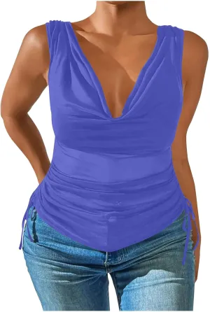 JOAU Women's Cowl Neck Tank Tops Summer Ruched Sleeveless Casual Shirts Drawstring Tie Side Shirring Tunic Blouse Plus Size