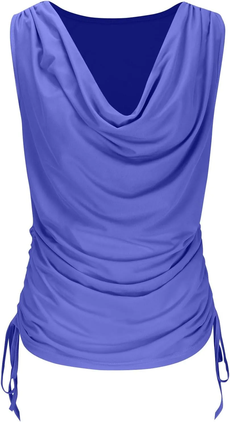 JOAU Women's Cowl Neck Tank Tops Summer Ruched Sleeveless Casual Shirts Drawstring Tie Side Shirring Tunic Blouse Plus Size