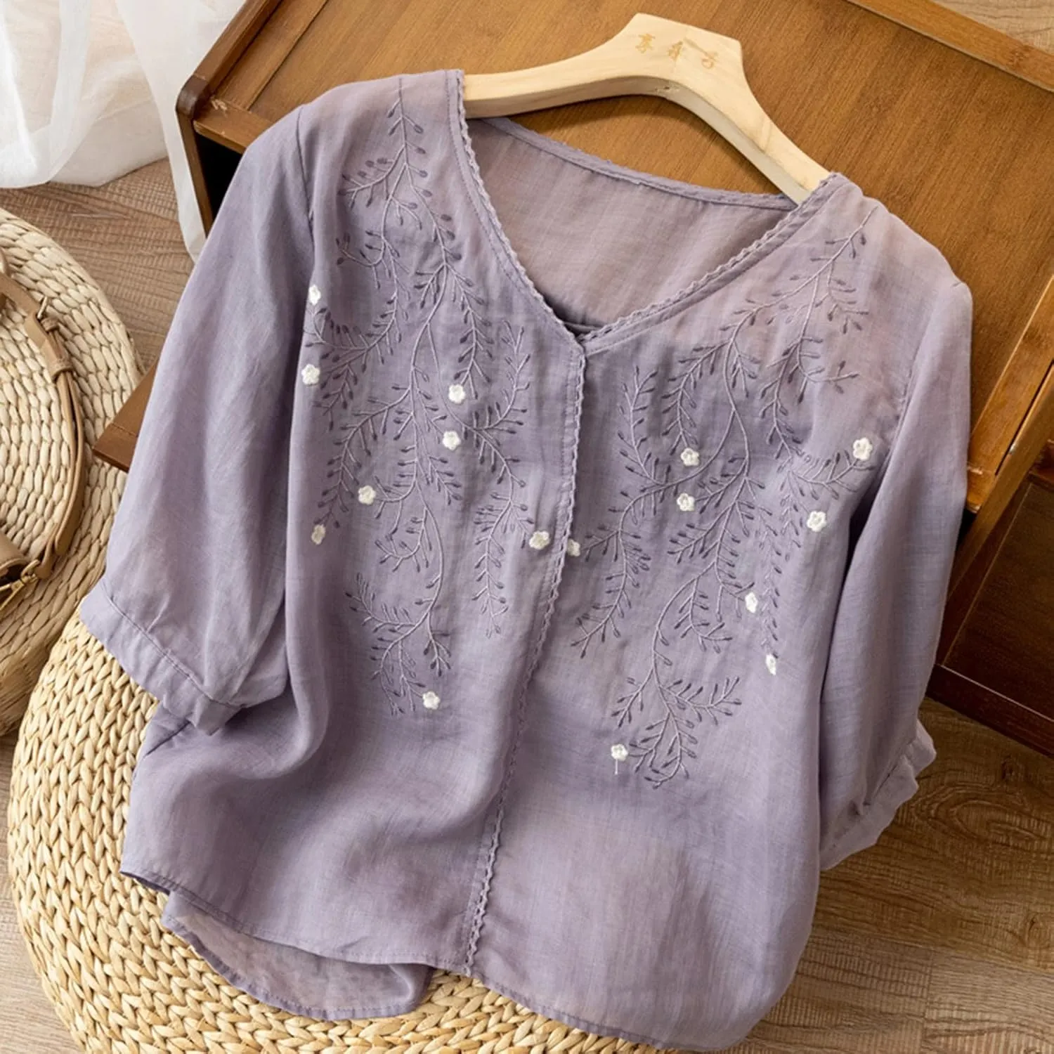 JOAU Women's Half Sleeve V-Neck Embroidered Blouse Cotton Linen Tops Summer Loose Fit Casual Comfy Lightweight T Shirts