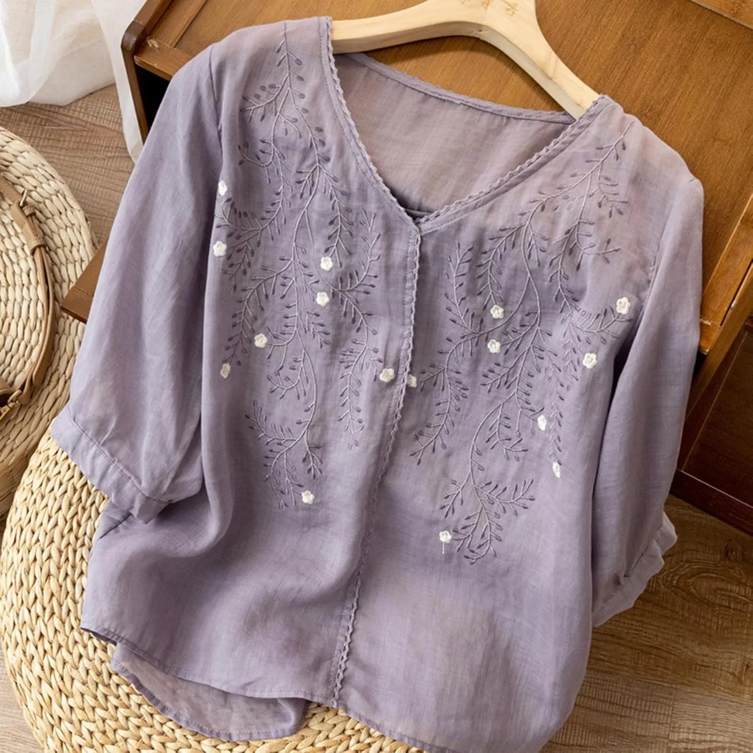 JOAU Women's Half Sleeve V-Neck Embroidered Blouse Cotton Linen Tops Summer Loose Fit Casual Comfy Lightweight T Shirts