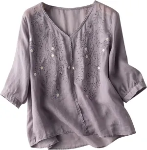 JOAU Women's Half Sleeve V-Neck Embroidered Blouse Cotton Linen Tops Summer Loose Fit Casual Comfy Lightweight T Shirts