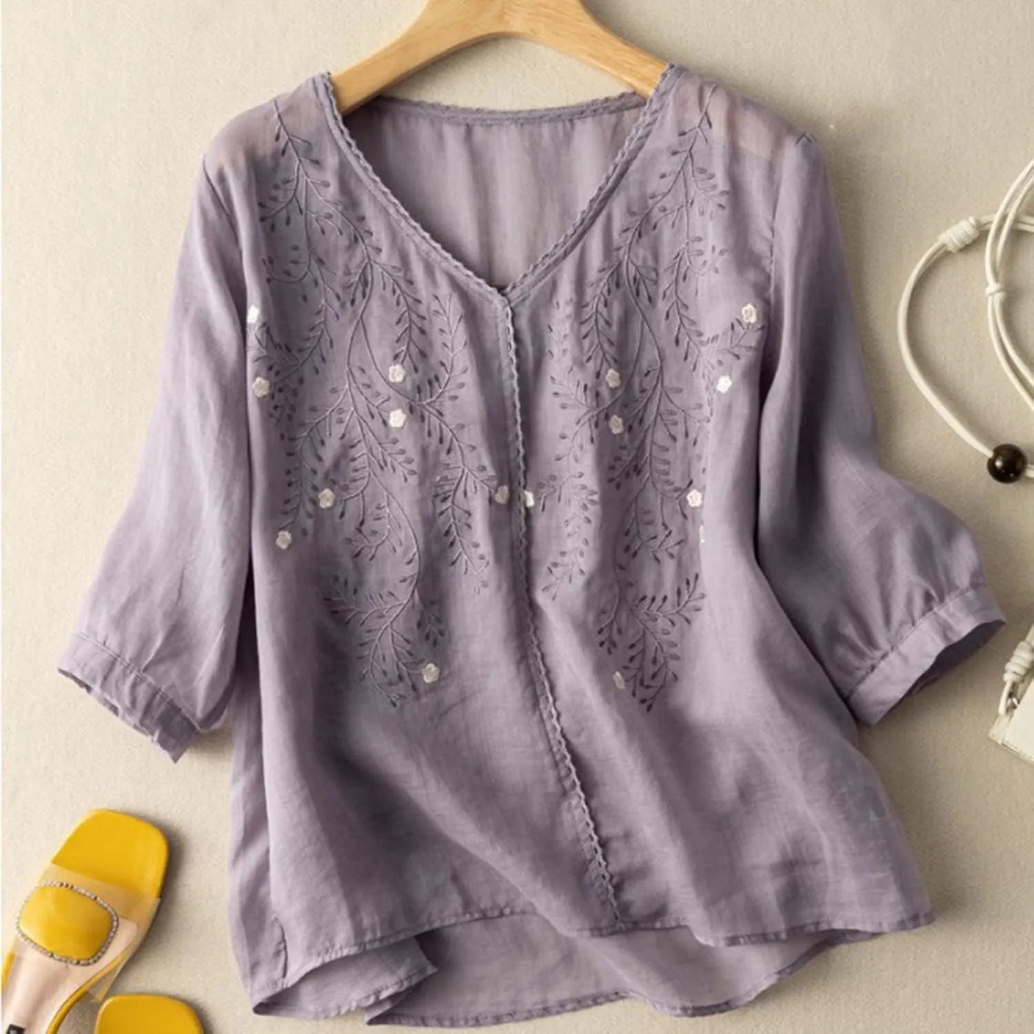 JOAU Women's Half Sleeve V-Neck Embroidered Blouse Cotton Linen Tops Summer Loose Fit Casual Comfy Lightweight T Shirts