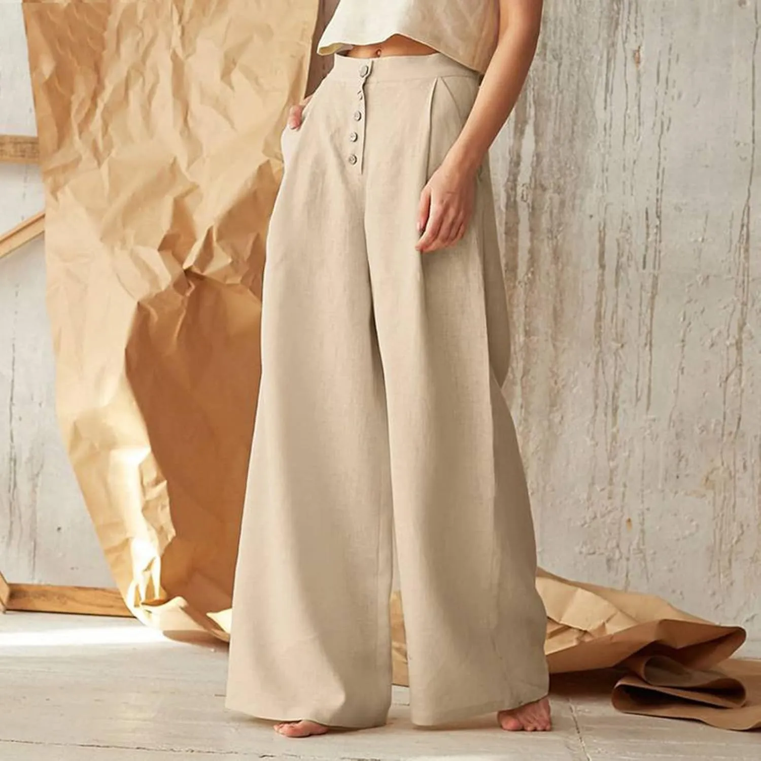 JOAU Women's Solid Wide Leg Palazzo Lounge Pants Casual Straight Leg High Waist Stretch Pants with Pockets Slacks Trousers
