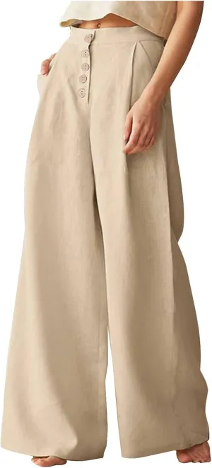 JOAU Women's Solid Wide Leg Palazzo Lounge Pants Casual Straight Leg High Waist Stretch Pants with Pockets Slacks Trousers