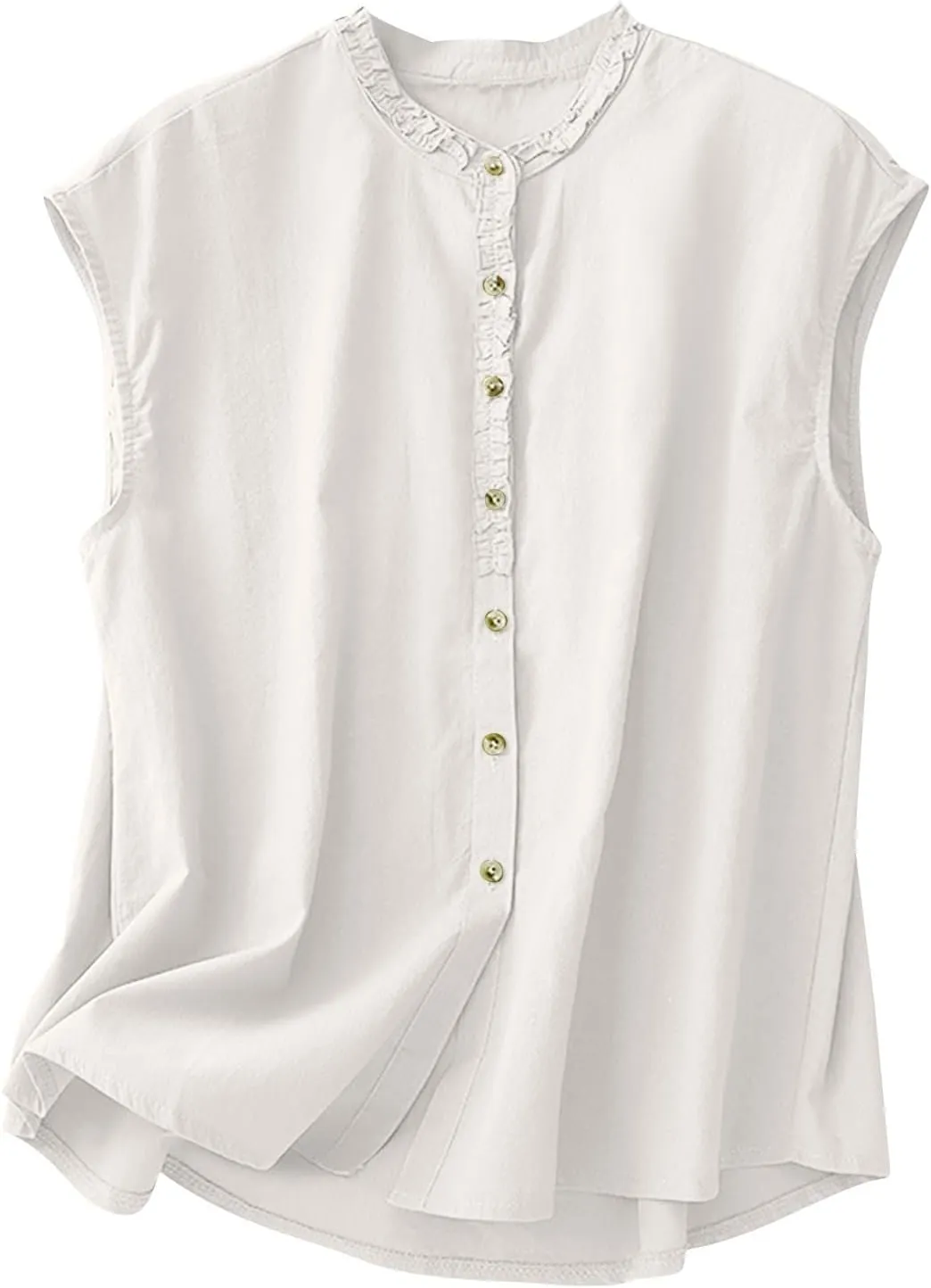 JOAU Women's Summer Button Down Cotton Linen Shirts Casual Sleeveless Frill Trim Crew Neck Cute Tank Tops Dressy Blouses