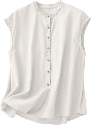 JOAU Women's Summer Button Down Cotton Linen Shirts Casual Sleeveless Frill Trim Crew Neck Cute Tank Tops Dressy Blouses
