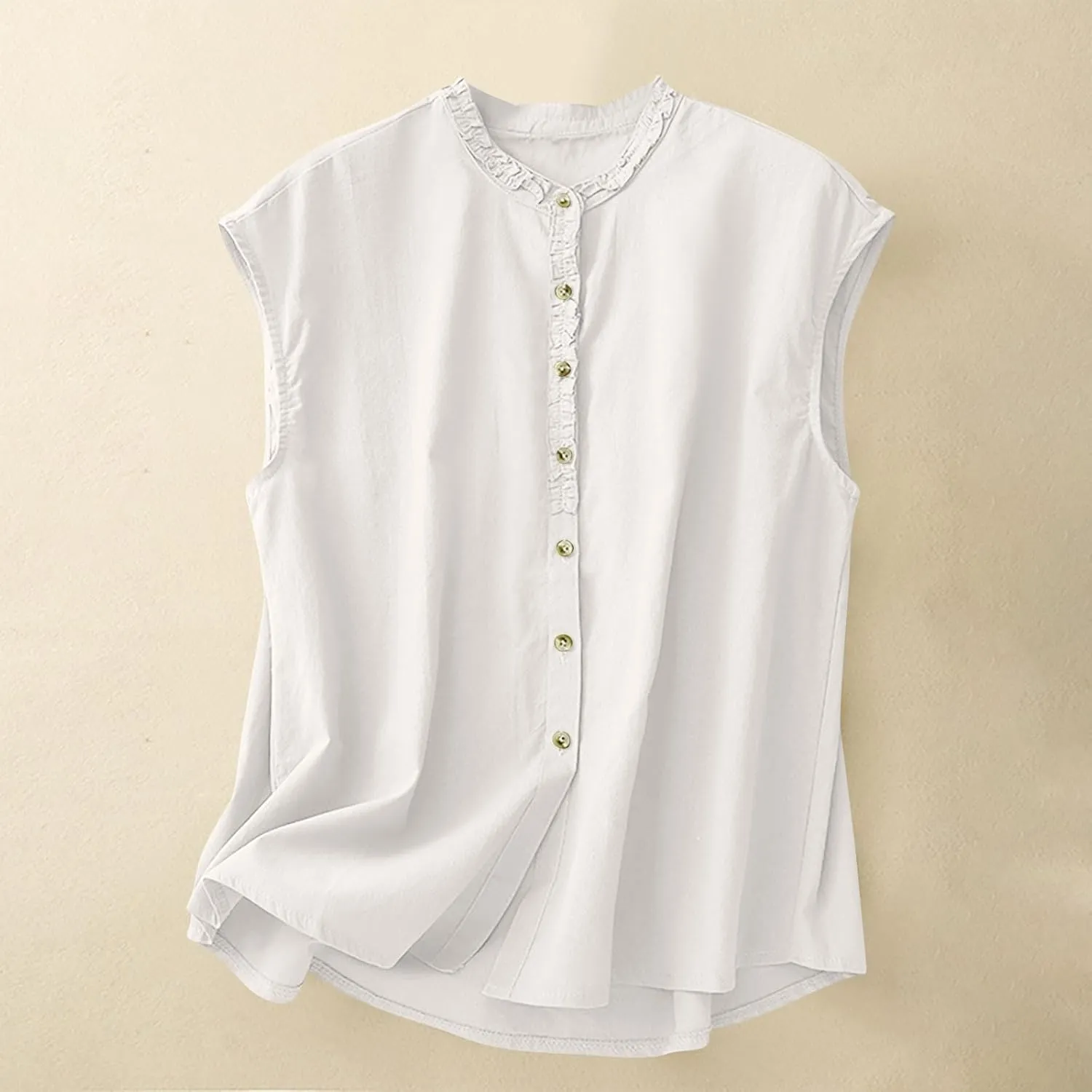 JOAU Women's Summer Button Down Cotton Linen Shirts Casual Sleeveless Frill Trim Crew Neck Cute Tank Tops Dressy Blouses