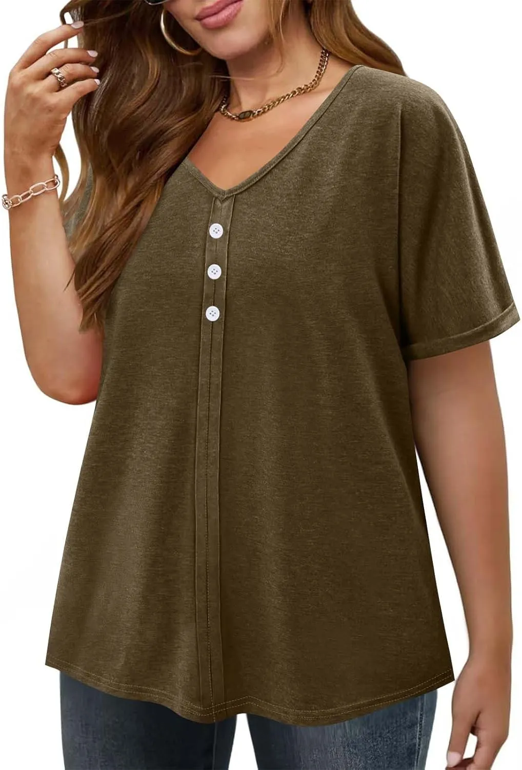 JOAU Womens Summer Plus Size Tunic Tops Trendy V Neck Short Sleeve Blouses Dressy Casual Loose Button Pleated Front Shirts