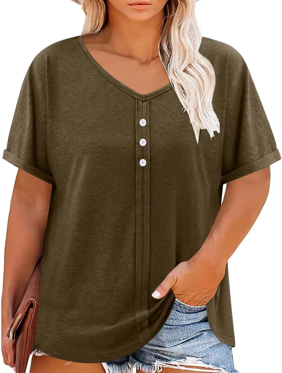 JOAU Womens Summer Plus Size Tunic Tops Trendy V Neck Short Sleeve Blouses Dressy Casual Loose Button Pleated Front Shirts