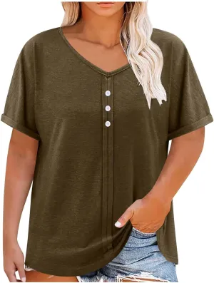 JOAU Womens Summer Plus Size Tunic Tops Trendy V Neck Short Sleeve Blouses Dressy Casual Loose Button Pleated Front Shirts