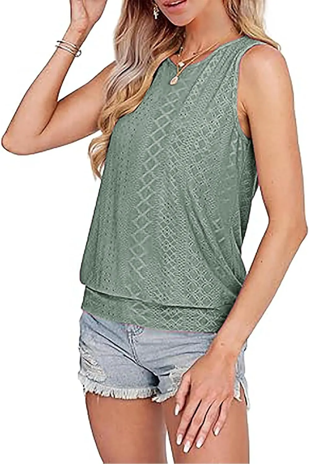 JOAU Womens Tank Tops Loose Casual Round Neck Sleeveless Summer Shirts Eyelet Embroidery Blouse Trendy Vacation Clothes 2025