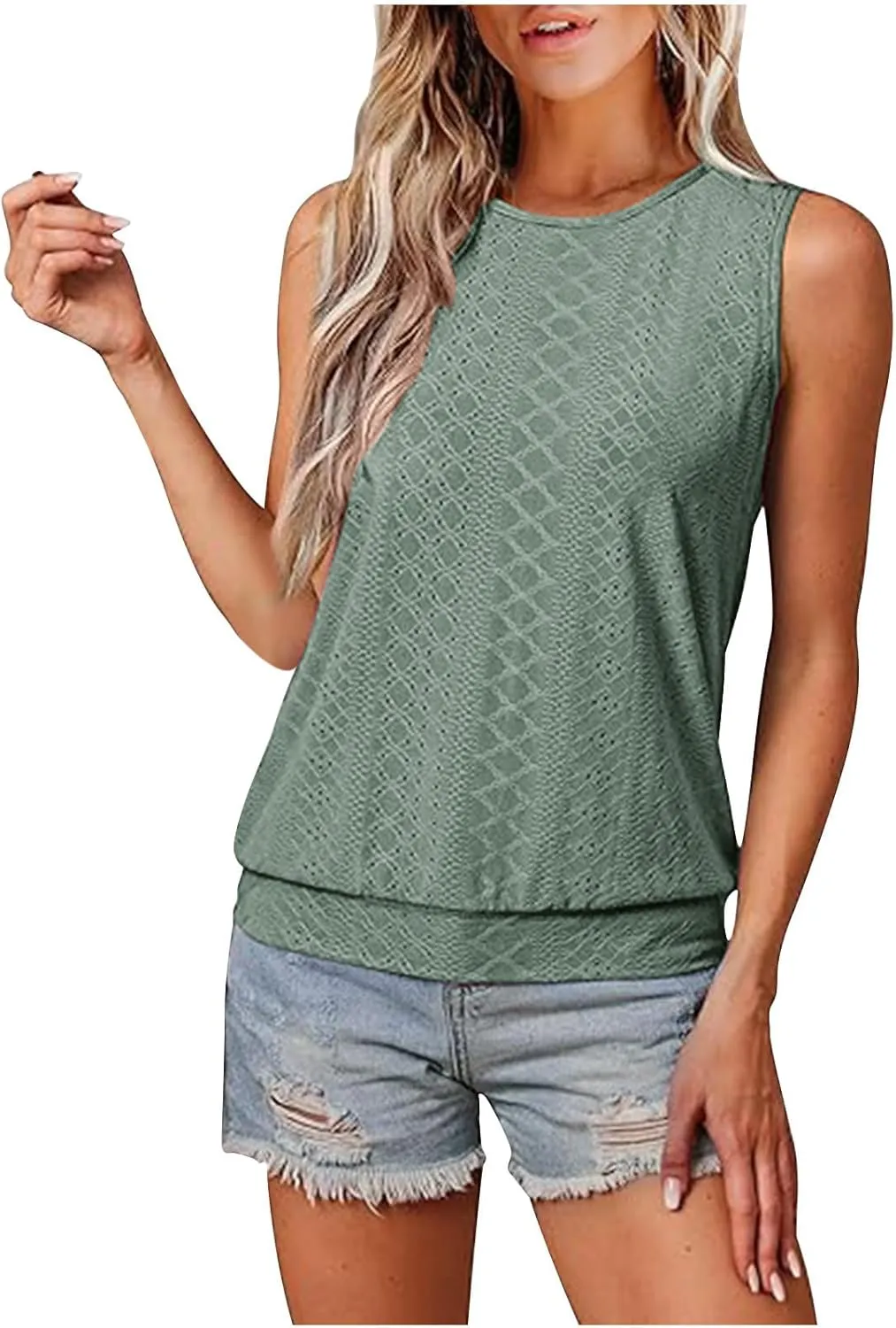 JOAU Womens Tank Tops Loose Casual Round Neck Sleeveless Summer Shirts Eyelet Embroidery Blouse Trendy Vacation Clothes 2025