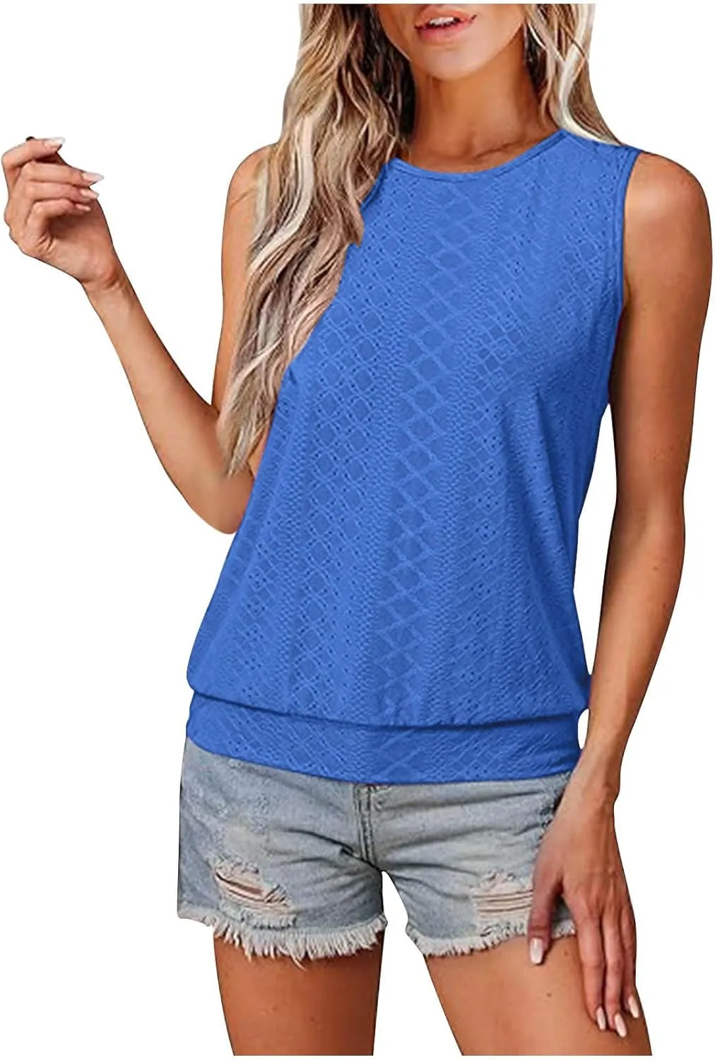 JOAU Womens Tank Tops Loose Casual Round Neck Sleeveless Summer Shirts Eyelet Embroidery Blouse Trendy Vacation Clothes 2025