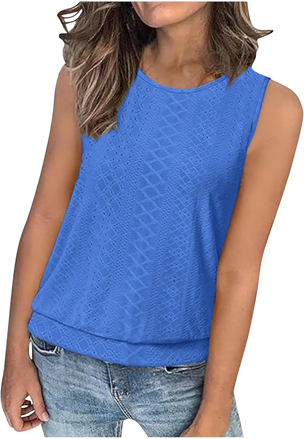 JOAU Womens Tank Tops Loose Casual Round Neck Sleeveless Summer Shirts Eyelet Embroidery Blouse Trendy Vacation Clothes 2025