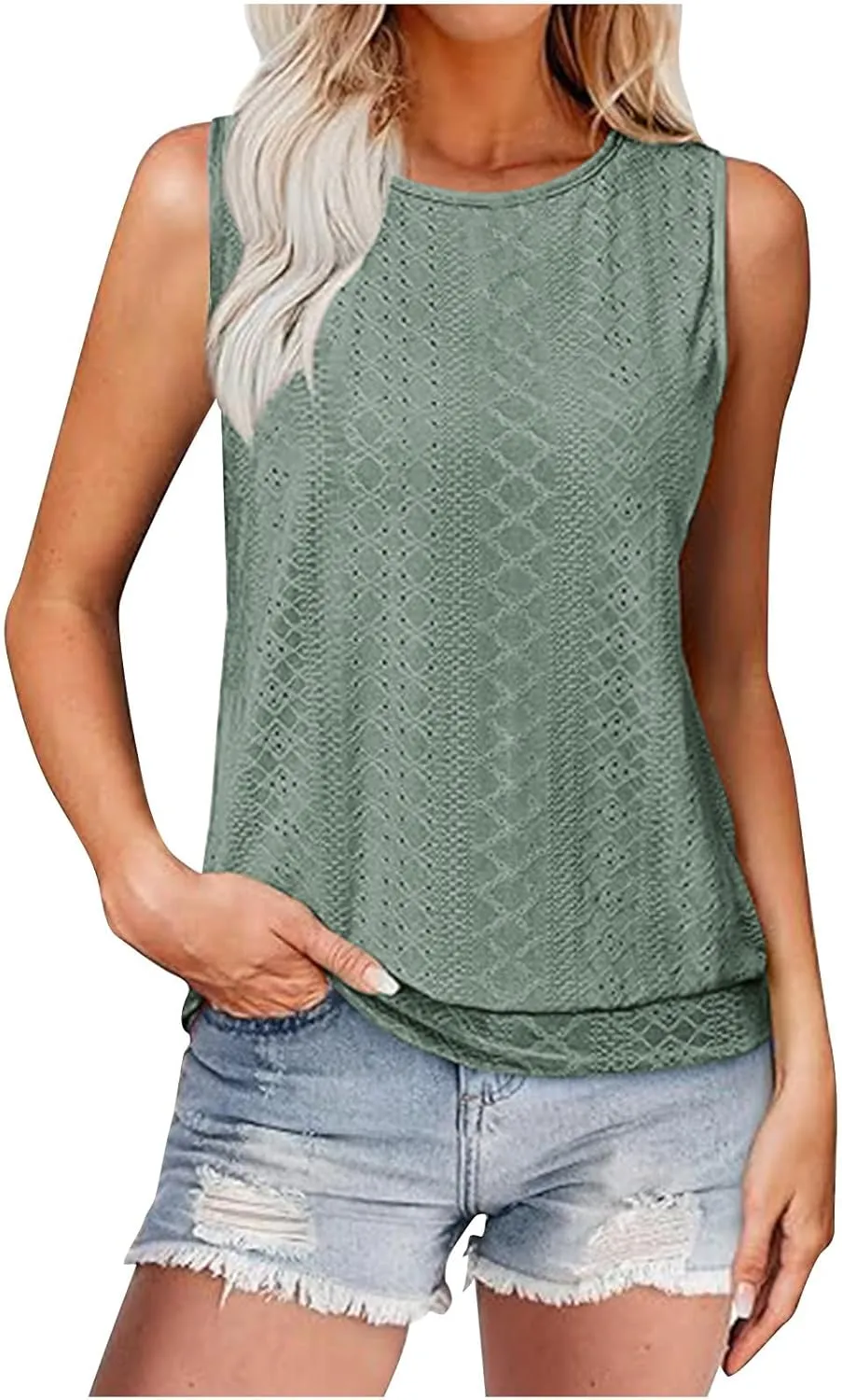 JOAU Womens Tank Tops Loose Casual Round Neck Sleeveless Summer Shirts Eyelet Embroidery Blouse Trendy Vacation Clothes 2025